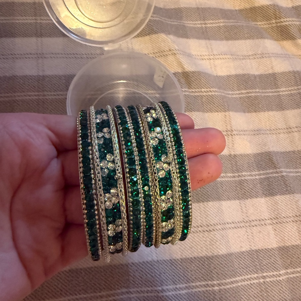Elegant Green and Silver Bangle Set
